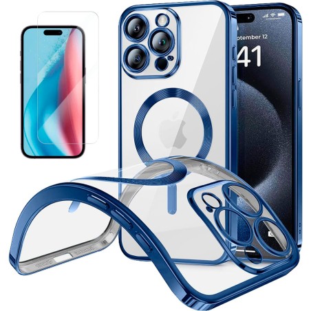 Funda Magnetica Para iPhone 15 Pro Max (6.7) Transparente - Azul Compatible Magsafe + Protector de Pantalla Cristal Templado 9H