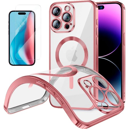 Funda Magnetica Para iPhone 15 Pro Max (6.7) Transparente - Rosa Compatible Magsafe + Protector de Pantalla Cristal Templado 9H