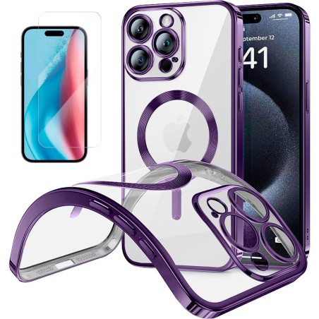 Funda Magnetica Para iPhone 15 Pro Max (6.7) Morado Compatible Magsafe + Protector de Pantalla Cristal Templado 9H