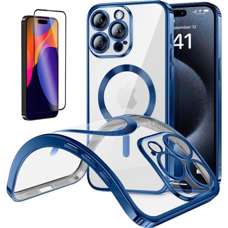 Funda Magnetica Para iPhone 15 Pro Max (6.7) Azul Compatible Magsafe + Protector de Pantalla Cristal Templado Completo 5D
