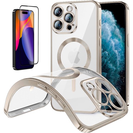 Funda Magnetica Para iPhone 15 Pro Max (6.7) Plata Compatible Magsafe + Protector de Pantalla Cristal Templado Completo 5D