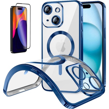 Funda Magnetica Para iPhone 14 Plus (6.7) Azul Compatible Magsafe + Protector de Pantalla Cristal Templado Completo 5D