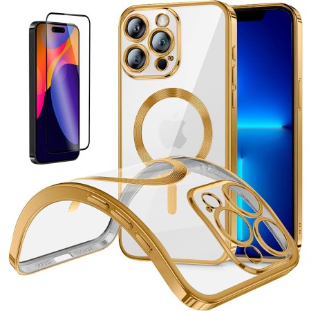 Funda Magnetica Para iPhone 14 Pro (6.1) Dorado Compatible Magsafe + Protector de Pantalla Cristal Templado Completo 5D