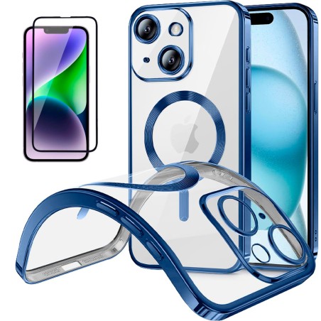 Funda Magnetica Para iPhone 13 (6.1) Azul Compatible Magsafe + Protector de Pantalla Cristal Templado Completo 5D