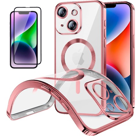 Funda Magnetica Para iPhone 13 (6.1) Rosa Compatible Magsafe + Protector de Pantalla Cristal Templado Completo 5D