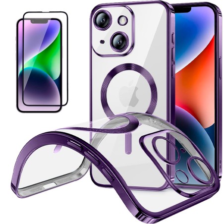 Funda Magnetica Para iPhone 13 (6.1) Morado Compatible Magsafe + Protector de Pantalla Cristal Templado Completo 5D