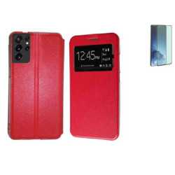 Funda Samsung Galaxy S21 Ultra (6.8) Roja Libro Ventana + Protector 3D CURVADO COMPLETO