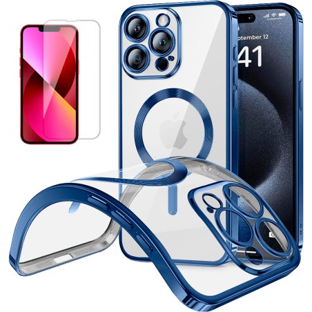 Funda Magnetica Para iPhone 13 Pro (6.1) Azul Compatible Magsafe + Protector de Pantalla Cristal Templado 9H