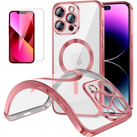 Funda Magnetica Para iPhone 13 Pro (6.1) Rosa Compatible Magsafe + Protector de Pantalla Cristal Templado 9H