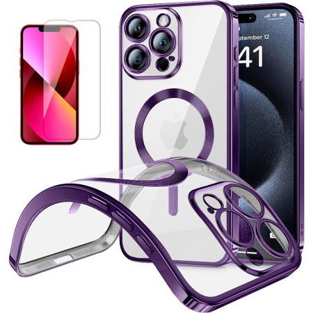 Funda Magnetica Para iPhone 13 Pro (6.1) Morado Compatible Magsafe + Protector de Pantalla Cristal Templado 9H