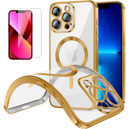 Funda Magnetica Para iPhone 13 Pro (6.1) Dorado Compatible Magsafe + Protector de Pantalla Cristal Templado 9H