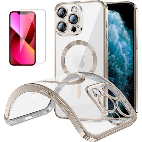 Funda Magnetica Para iPhone 13 Pro (6.1) Plata Compatible Magsafe + Protector de Pantalla Cristal Templado 9H