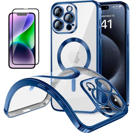 Funda Magnetica Para iPhone 13 Pro (6.1) Azul Compatible Magsafe + Protector de Pantalla Cristal Templado Completo 5D