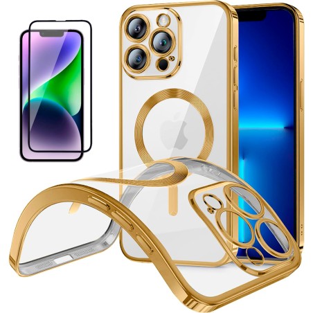 Funda Magnetica Para iPhone 13 Pro (6.1) Dorado Compatible Magsafe + Protector de Pantalla Cristal Templado Completo 5D