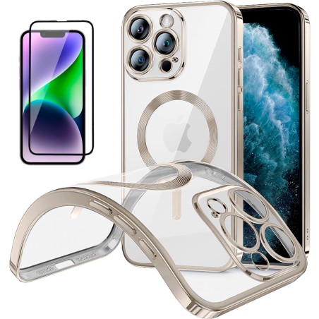 Funda Magnetica Para iPhone 13 Pro (6.1) Plata Compatible Magsafe + Protector de Pantalla Cristal Templado Completo 5D