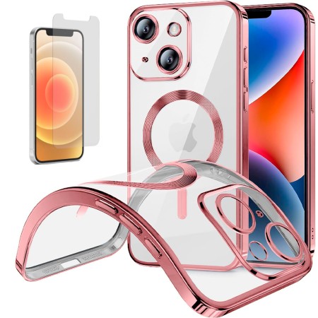 Funda Magnetica Para iPhone 12 (6.1) Rosa Compatible Magsafe + Protector de Pantalla Cristal Templado 9H