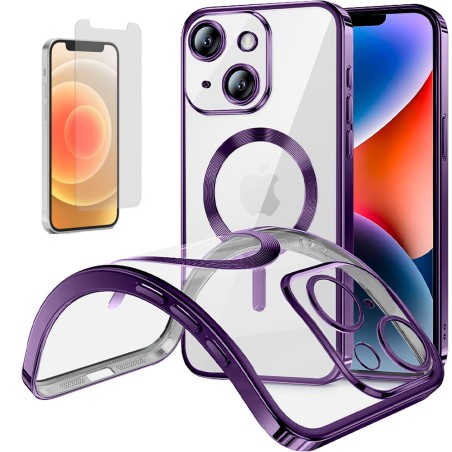 Funda Magnetica Para iPhone 12 (6.1) Morado Compatible Magsafe + Protector de Pantalla Cristal Templado 9H