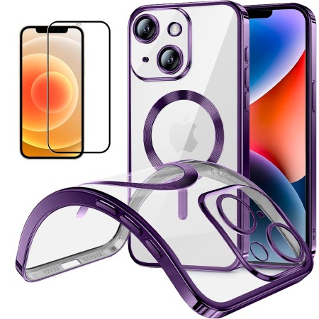 Funda Magnetica Para iPhone 12 (6.1) Morado Compatible Magsafe + Protector de Pantalla Cristal Templado Completo 5D