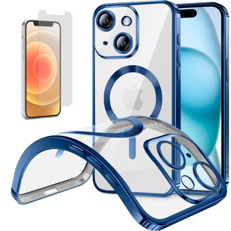 Funda Magnetica Para iPhone 12 Mini (5.4) Azul Compatible Magsafe + Protector de Pantalla Cristal Templado 9H