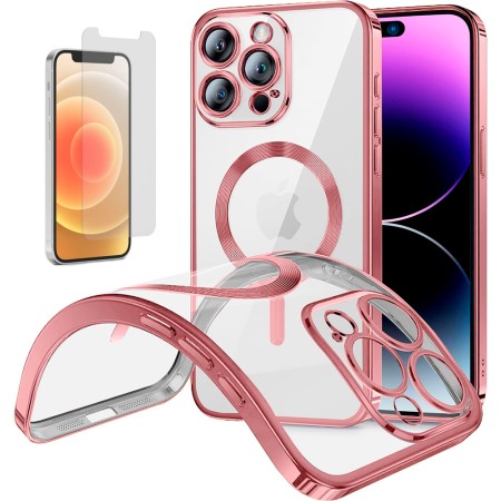 Funda Magnetica Para iPhone 12 Pro (6.1) Rosa Compatible Magsafe + Protector de Pantalla Cristal Templado 9H