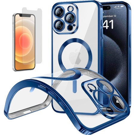 Funda Magnetica Para iPhone 12 Pro (6.1) Azul Compatible Magsafe + Protector de Pantalla Cristal Templado 9H