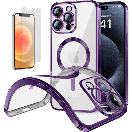 Funda Magnetica Para iPhone 12 Pro (6.1) Morado Compatible Magsafe + Protector de Pantalla Cristal Templado 9H