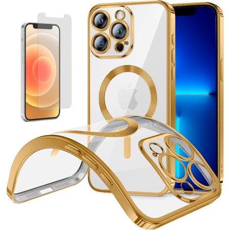 Funda Magnetica Para iPhone 12 Pro (6.1) Dorado Compatible Magsafe + Protector de Pantalla Cristal Templado 9H