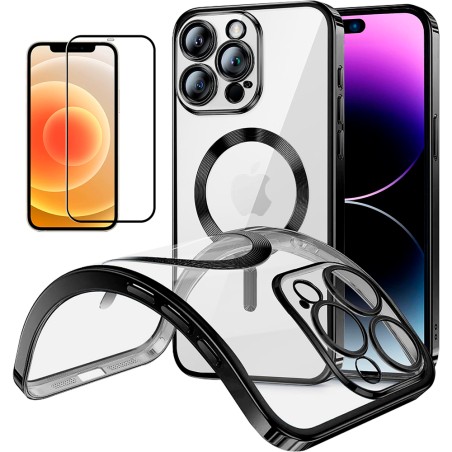 Funda Magnetica Para iPhone 12 Pro (6.1) Negro Compatible Magsafe + Protector de Pantalla Cristal Templado Completo 5D