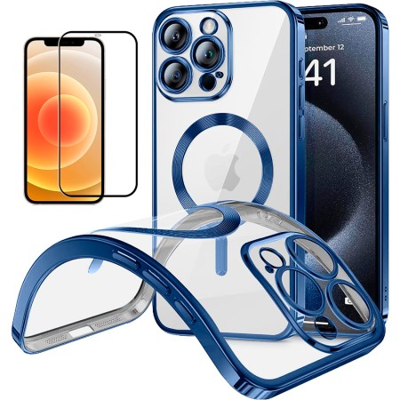 Funda Magnetica Para iPhone 12 Pro (6.1) Azul Compatible Magsafe + Protector de Pantalla Cristal Templado Completo 5D