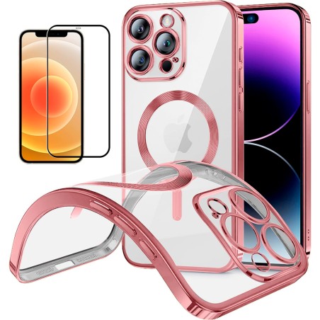 Funda Magnetica Para iPhone 12 Pro (6.1) Rosa Compatible Magsafe + Protector de Pantalla Cristal Templado Completo 5D