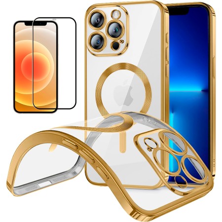 Funda Magnetica Para iPhone 12 Pro (6.1) Dorado Compatible Magsafe + Protector de Pantalla Cristal Templado Completo 5D