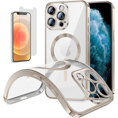 Funda Magnetica Para iPhone 12 Pro Max (6.7) Plata Compatible Magsafe + Protector de Pantalla Cristal Templado 9H