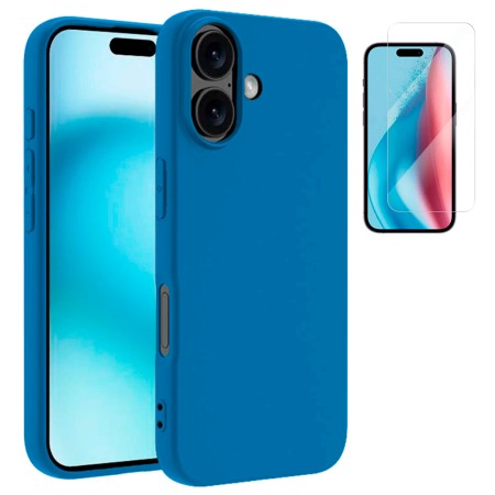 Funda Para iPhone 16 (6.1) Azul Tpu Lisa Silicona Gel Premium + Protector de Pantalla Cristal Templado 9H