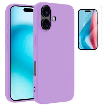 Funda Para iPhone 16 (6.1) Morado Tpu Lisa Silicona Gel Premium + Protector de Pantalla Cristal Templado 9H