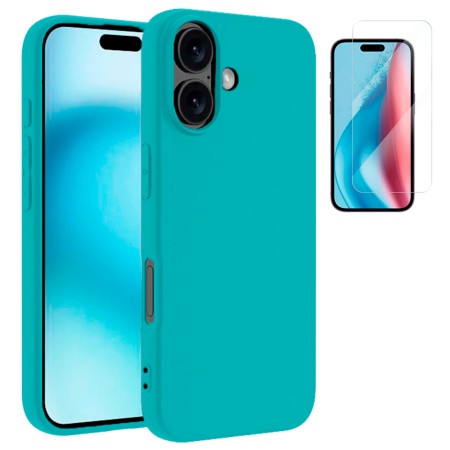 Funda Para iPhone 16 (6.1) Azul Aguamarina Tpu Lisa Silicona Gel Premium + Protector de Pantalla Cristal Templado 9H