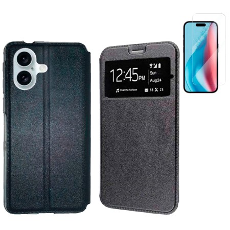 Funda Para iPhone 16 Plus (6.7) Negro Libro Ventana + Protector de Pantalla Cristal templado 9H