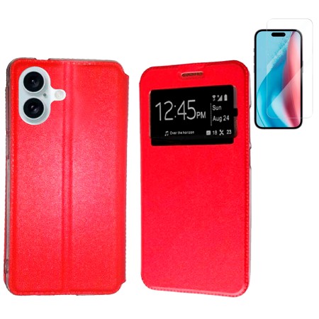 Funda Para iPhone 16 Plus (6.7) Rojo Libro Ventana + Protector de Pantalla Cristal templado 9H