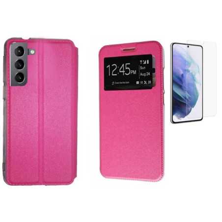 Funda Samsung Galaxy S21 FE Rosa Libro Ventana + Protector