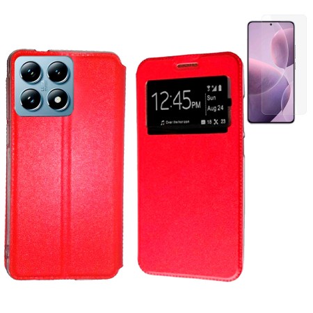 Funda Xiaomi 14T Pro (6.7) Rojo Libro Ventana + Protector de Pantalla Cristal templado 9H