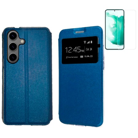 Funda Samsung Galaxy S25+ Plus (6.7) Azul Libro Ventana + Protector de Pantalla Cristal templado 9H