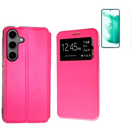 Funda Samsung Galaxy S25+ Plus (6.7) Rosa Libro Ventana + Protector de Pantalla Cristal templado 9H