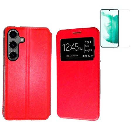 Funda Samsung Galaxy S25+ Plus (6.7) Rojo Libro Ventana + Protector de Pantalla Cristal templado 9H