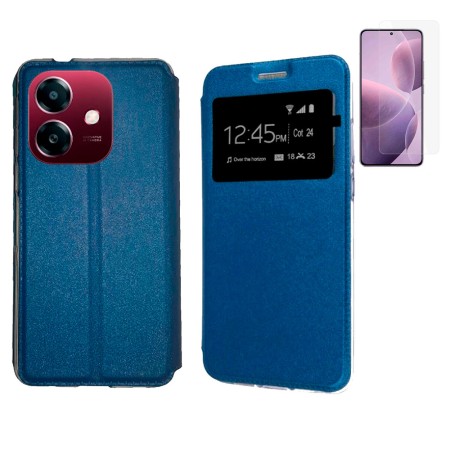 Funda Oppo A40 4G (6.67) Azul Libro Ventana + Protector de Pantalla Cristal templado 9H