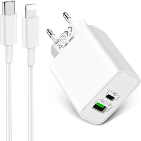 Cargador 38W QC3.0 PD y Cable Tipo C a Lightning Blanco Compatible iPhone