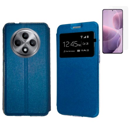 Funda Oppo Reno 12F (6.67) Azul Libro Ventana + Protector de Pantalla Cristal templado 9H