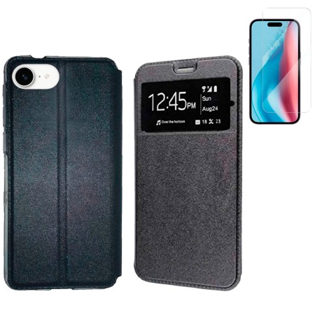 Funda iPhone 16e (6.1) Negro Libro Ventana + Protector de Pantalla Cristal templado 9H