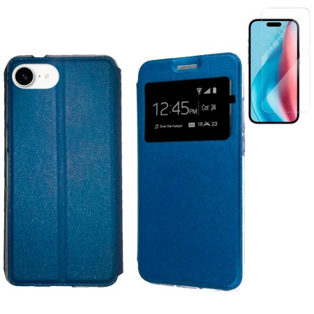 Funda iPhone 16e (6.1) Azul Libro Ventana + Protector de Pantalla Cristal templado 9H