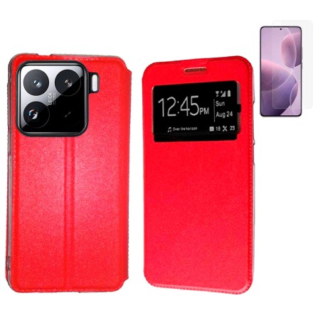 Funda Xiaomi Mi 15 5G (6.36) Rojo Libro Ventana + Protector de Pantalla Cristal templado 9H