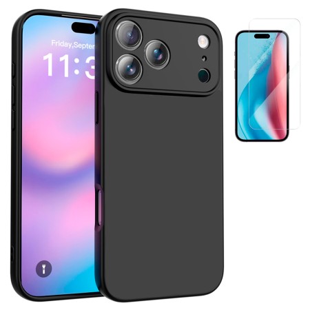 Funda iPhone 17 Pro Max (6.9) Negro Tpu Lisa Silicona Gel Premium + Protector de Pantalla Cristal Templado 9H