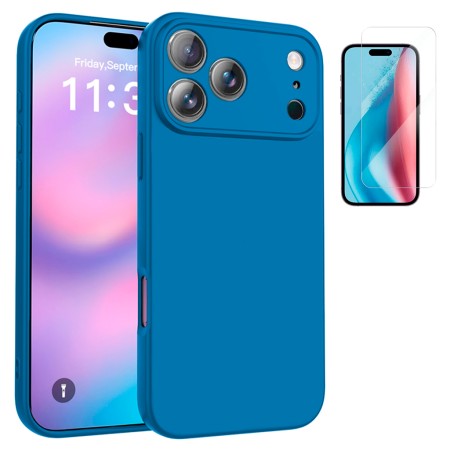 Funda iPhone 17 Pro Max (6.9) Azul Tpu Lisa Silicona Gel Premium + Protector de Pantalla Cristal Templado 9H